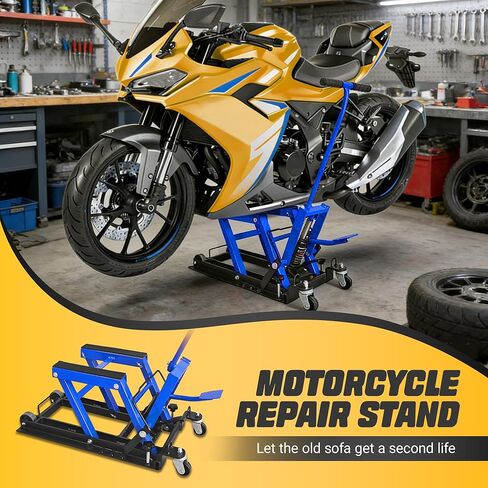 1500 LBS Hydraulic Motorcycle Lift Jack, Heavy-Duty Motorcycle Jack Stand with 2 Ratchet Belts, Foot-Operated ATV Lift & Motorcycle Lift Stand, Adjustable Essential Motorcycle Accessories, Blue in Saudi Arabia