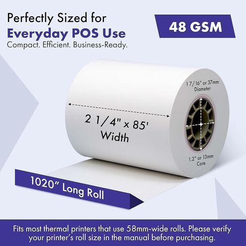 2 1/4" x 85' Thermal Paper Rolls 50 Rolls Receipt Paper BPA-Free & BPS-Free, Phenol-Free POS Thermal Printer Paper, 48 GSM Thick Adding Machine Credit Card Paper, Clover Compatible in Kuwait
