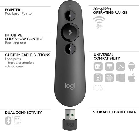لوجيتك R500s جهاز النقر عن بعد للعروض التقديمية بالليزر مع اتصال مزدوج بلوتوث أو USB لباور بوينت، كينوت، شرائح جوجل، مقدم لاسلكي - جرافيت (متجدد) in Kuwait