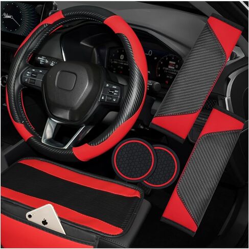 Hiseanllo 6PCS Red Car Accessories Set, Carbon Fiber Microfiber Leather Steering Wheel Cover 14.5-15", Center Console Armrest Cover, Seat Belt Pads & Cup Holder Coasters, Universal Interior Decor in Saudi Arabia