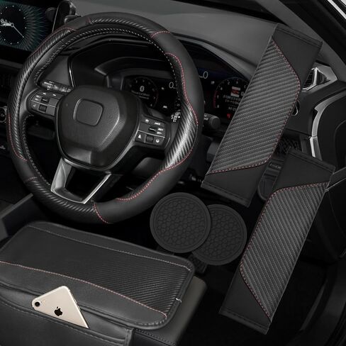 Hiseanllo 6PCS Red Car Accessories Set, Carbon Fiber Microfiber Leather Steering Wheel Cover 14.5-15", Center Console Armrest Cover, Seat Belt Pads & Cup Holder Coasters, Universal Interior Decor in Saudi Arabia