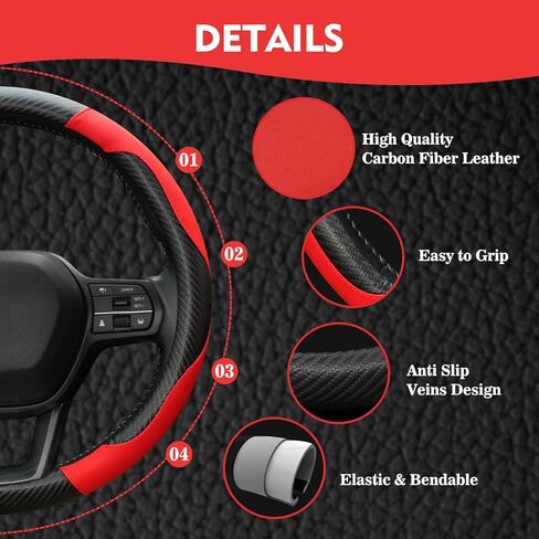 Hiseanllo 6PCS Red Car Accessories Set, Carbon Fiber Microfiber Leather Steering Wheel Cover 14.5-15", Center Console Armrest Cover, Seat Belt Pads & Cup Holder Coasters, Universal Interior Decor in Saudi Arabia