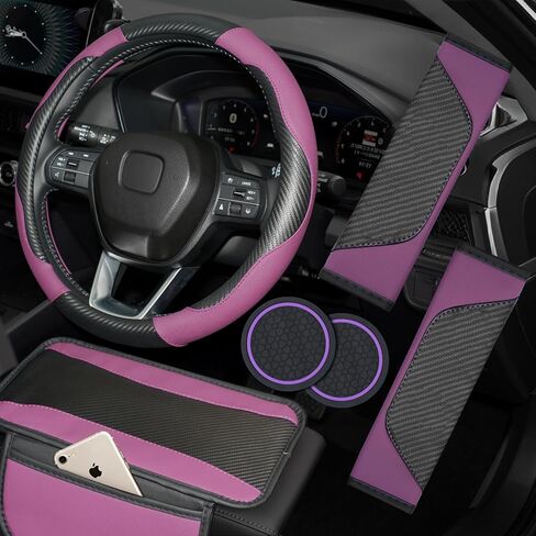 Hiseanllo 6PCS Red Car Accessories Set, Carbon Fiber Microfiber Leather Steering Wheel Cover 14.5-15", Center Console Armrest Cover, Seat Belt Pads & Cup Holder Coasters, Universal Interior Decor in Saudi Arabia
