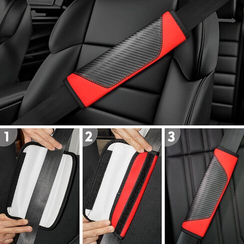 Hiseanllo 6PCS Red Car Accessories Set, Carbon Fiber Microfiber Leather Steering Wheel Cover 14.5-15", Center Console Armrest Cover, Seat Belt Pads & Cup Holder Coasters, Universal Interior Decor in Saudi Arabia