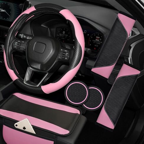 Hiseanllo 6PCS Red Car Accessories Set, Carbon Fiber Microfiber Leather Steering Wheel Cover 14.5-15", Center Console Armrest Cover, Seat Belt Pads & Cup Holder Coasters, Universal Interior Decor in Saudi Arabia