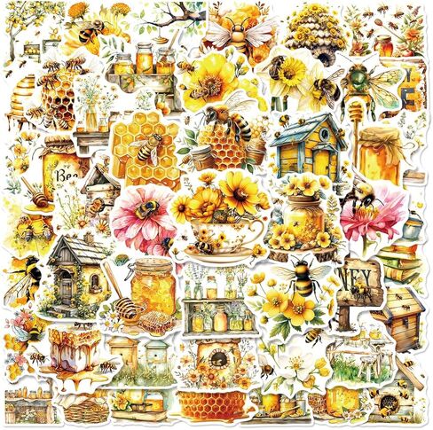 50Pcs Watercolor Bee Stickers Pack, Waterproof Vinyl Honey Decals for Water Bottle Laptop Suitcase Skateboard Scrapbook Journal, Cute Insect Labels for Kids Teens Girls DIY Decor Party Gift Supplies in Kuwait