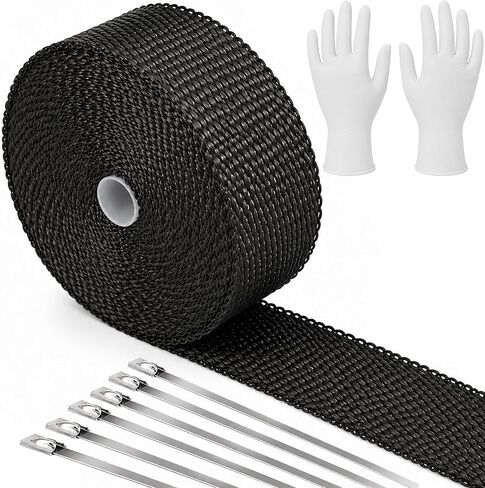 Exhaust Heat Wrap 2" x 50FT Titanium Header Wrap, 1800°F High Temp Fiberglass Heat Shield Tape with 12PCS 304 Stainless Steel Ties for Motorcycle Automotive Turbo Manifold in Kuwait