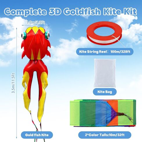 11.5 ft Large Kites for Adults 3D Goldfish Frameless Soft Umbrella Giant Flying Kites with 330 ft Kite String for Beach Park Garden Playground in Kuwait