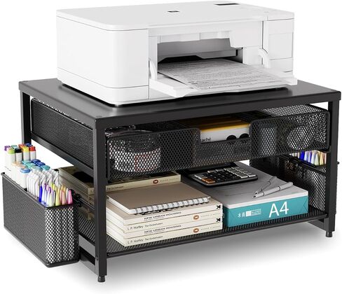 Metal Desktop Printer Stand with Storage Drawer & 2 Pen Holders,2 Tier Home Printer Riser Shelf for Desk with Paper Holder Storage,Multi-Purpose Office Desk Organizer in Kuwait