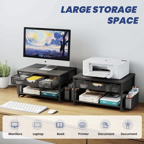 Metal Desktop Printer Stand with Storage Drawer & 2 Pen Holders,2 Tier Home Printer Riser Shelf for Desk with Paper Holder Storage,Multi-Purpose Office Desk Organizer in Kuwait