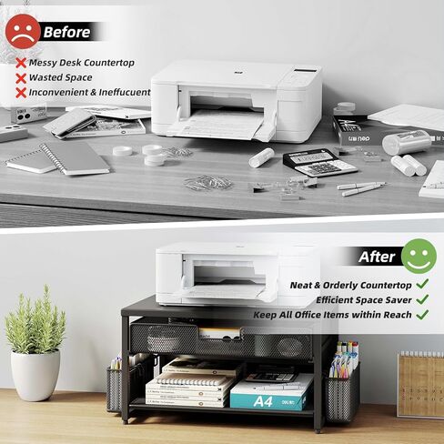 Metal Desktop Printer Stand with Storage Drawer & 2 Pen Holders,2 Tier Home Printer Riser Shelf for Desk with Paper Holder Storage,Multi-Purpose Office Desk Organizer in Kuwait
