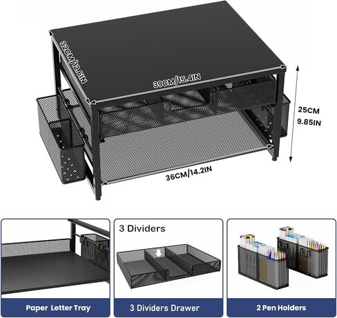 Metal Desktop Printer Stand with Storage Drawer & 2 Pen Holders,2 Tier Home Printer Riser Shelf for Desk with Paper Holder Storage,Multi-Purpose Office Desk Organizer in Kuwait