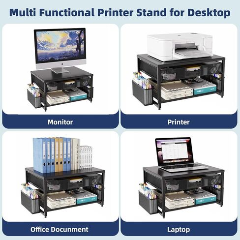 Metal Desktop Printer Stand with Storage Drawer & 2 Pen Holders,2 Tier Home Printer Riser Shelf for Desk with Paper Holder Storage,Multi-Purpose Office Desk Organizer in Kuwait