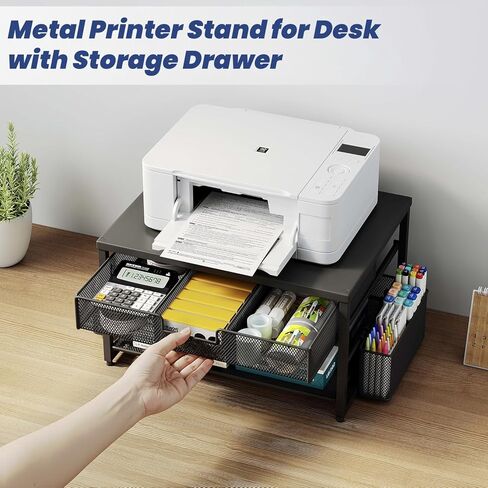 Metal Desktop Printer Stand with Storage Drawer & 2 Pen Holders,2 Tier Home Printer Riser Shelf for Desk with Paper Holder Storage,Multi-Purpose Office Desk Organizer in Kuwait