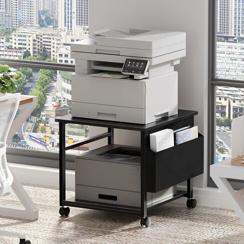 Lerliuo Black Large Printer Stand with Storage, 23.6" W x 23.6" D x 22.8" H Printer Table for Home Office, Rolling Printer Cart Holder with Lockable Wheels, Mobile Mini Fridge Stand Table in Saudi Arabia