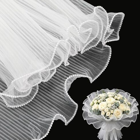 Flower Wrapping Mesh Paper, White Pearl Edge Bouquet Wrapping Paper, 4.37 Yards Wrinkled Translucent Bouquet Floral Packaging Mesh for DIY Crafts Mother's Day Florist Wedding Graduation Gift Packaging in Kuwait