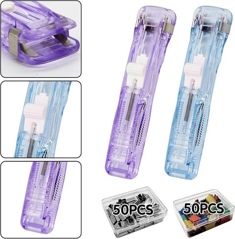 2Pcs Portable Clam Clip Pusher with 100 Reusable Push Clips, Portable Paper Binder Clip Stapler Dispenser Silver & Colorful Metal Office Supplies in Clear Box for Home Organization School Office in Kuwait