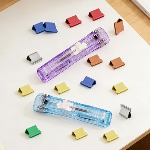 2Pcs Portable Clam Clip Pusher with 100 Reusable Push Clips, Portable Paper Binder Clip Stapler Dispenser Silver & Colorful Metal Office Supplies in Clear Box for Home Organization School Office in Kuwait