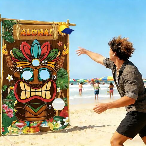 Hawaiian Tiki Party Toss Game Banner with 3 Bean Bags and 19.6ft String,Washable Heavy Duty Outdoor Indoor Theme Party Game Banner for Adults（53x30in in Kuwait