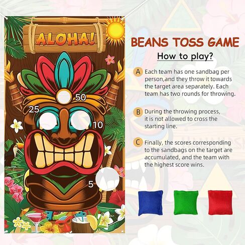 Hawaiian Tiki Party Toss Game Banner with 3 Bean Bags and 19.6ft String,Washable Heavy Duty Outdoor Indoor Theme Party Game Banner for Adults（53x30in in Kuwait