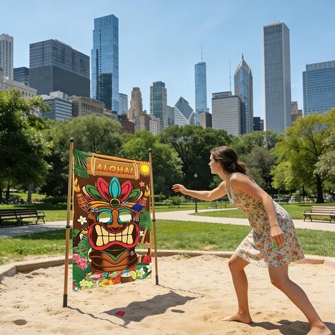 Hawaiian Tiki Party Toss Game Banner with 3 Bean Bags and 19.6ft String,Washable Heavy Duty Outdoor Indoor Theme Party Game Banner for Adults（53x30in in Kuwait