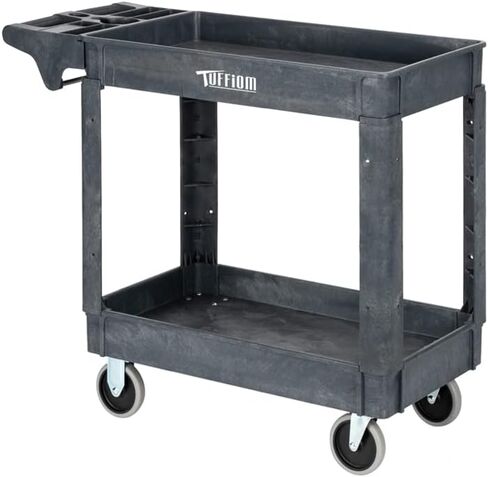 TUFFIOM Plastic Service Utility Cart with Wheels,550lbs Capacity,Heavy Duty Tub Storage Cart W/Deep Shelves, Multipurpose Rolling 2-Tier Mobile Storage Organizer, for Warehouse Garage Industrial Cart in Kuwait