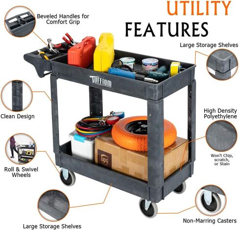 TUFFIOM Plastic Service Utility Cart with Wheels,550lbs Capacity,Heavy Duty Tub Storage Cart W/Deep Shelves, Multipurpose Rolling 2-Tier Mobile Storage Organizer, for Warehouse Garage Industrial Cart in Kuwait