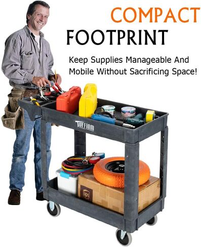 TUFFIOM Plastic Service Utility Cart with Wheels,550lbs Capacity,Heavy Duty Tub Storage Cart W/Deep Shelves, Multipurpose Rolling 2-Tier Mobile Storage Organizer, for Warehouse Garage Industrial Cart in Kuwait