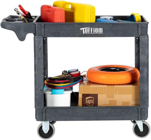 TUFFIOM Plastic Service Utility Cart with Wheels,550lbs Capacity,Heavy Duty Tub Storage Cart W/Deep Shelves, Multipurpose Rolling 2-Tier Mobile Storage Organizer, for Warehouse Garage Industrial Cart in Kuwait