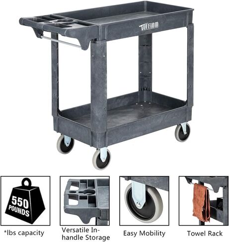 TUFFIOM Plastic Service Utility Cart with Wheels,550lbs Capacity,Heavy Duty Tub Storage Cart W/Deep Shelves, Multipurpose Rolling 2-Tier Mobile Storage Organizer, for Warehouse Garage Industrial Cart in Kuwait