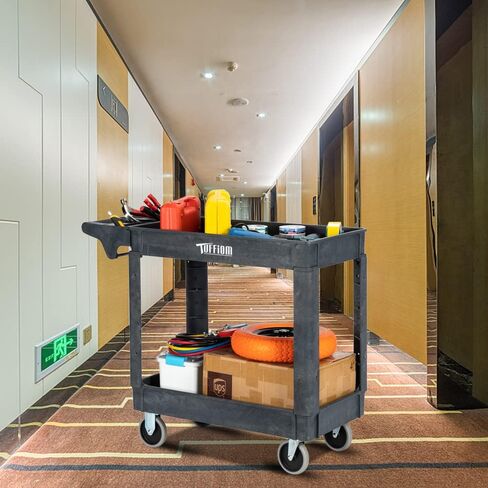 TUFFIOM Plastic Service Utility Cart with Wheels,550lbs Capacity,Heavy Duty Tub Storage Cart W/Deep Shelves, Multipurpose Rolling 2-Tier Mobile Storage Organizer, for Warehouse Garage Industrial Cart in Kuwait