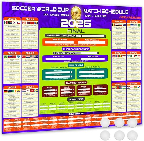 2026 World Soccer Tournament Wall Chart – A1 Size Football Bracket Poster 33.1"x23.4", US Kick Off Times, Fixtures, Stadiums & Host Cities in Kuwait