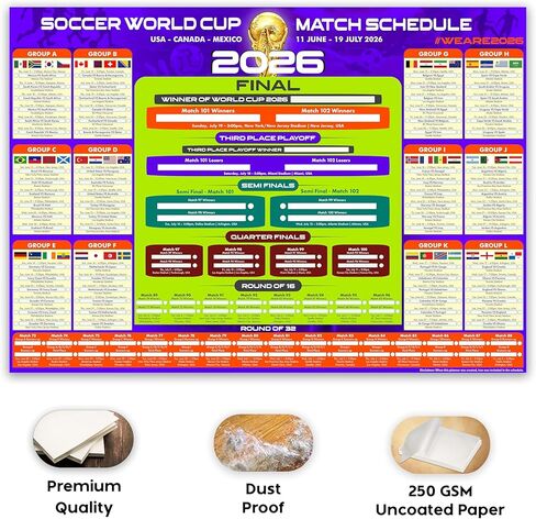 2026 World Soccer Tournament Wall Chart – A1 Size Football Bracket Poster 33.1"x23.4", US Kick Off Times, Fixtures, Stadiums & Host Cities in Kuwait