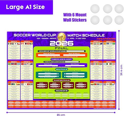 2026 World Soccer Tournament Wall Chart – A1 Size Football Bracket Poster 33.1"x23.4", US Kick Off Times, Fixtures, Stadiums & Host Cities in Kuwait