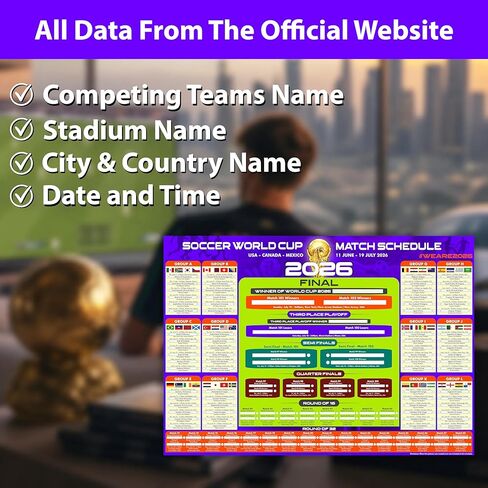2026 World Soccer Tournament Wall Chart – A1 Size Football Bracket Poster 33.1"x23.4", US Kick Off Times, Fixtures, Stadiums & Host Cities in Kuwait