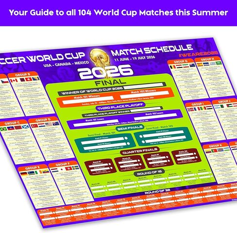 2026 World Soccer Tournament Wall Chart – A1 Size Football Bracket Poster 33.1"x23.4", US Kick Off Times, Fixtures, Stadiums & Host Cities in Kuwait