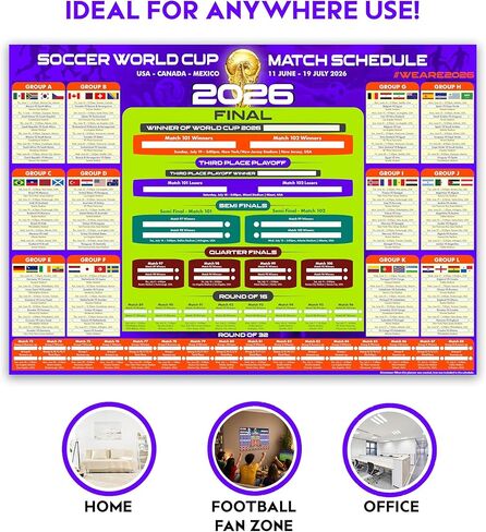 2026 World Soccer Tournament Wall Chart – A1 Size Football Bracket Poster 33.1"x23.4", US Kick Off Times, Fixtures, Stadiums & Host Cities in Kuwait