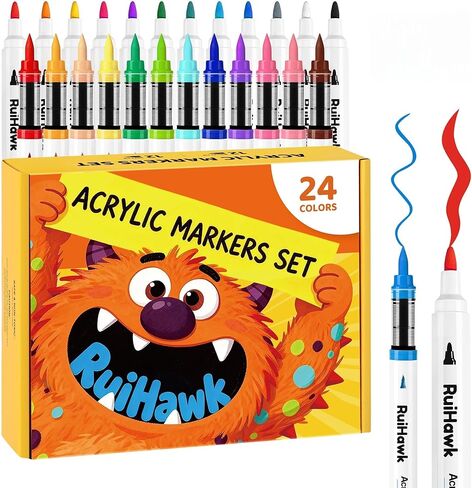 24 Colors Acrylic Paint Markers, 12 Brush + 12 Bullet Tips Paint Pens – Vivid, Non‑Toxic, Quick Dry, No Bleed for Rock Wood Canvas Glass Ceramic, DIY Art Supplies for Adults,Teens & Beginners in Kuwait