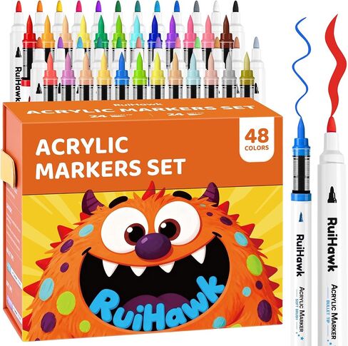 24 Colors Acrylic Paint Markers, 12 Brush + 12 Bullet Tips Paint Pens – Vivid, Non‑Toxic, Quick Dry, No Bleed for Rock Wood Canvas Glass Ceramic, DIY Art Supplies for Adults,Teens & Beginners in Saudi Arabia