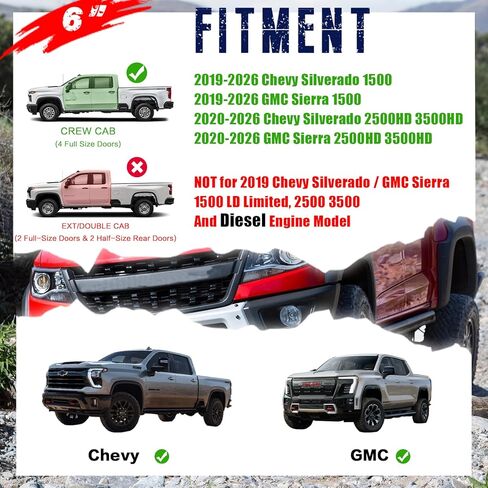 لوحات تشغيل مقاس 6 بوصات متوافقة مع Crew Cab 2019-2026 Chevy Silverado/GMC Sierra 1500,2020-2026 2500 3500HD 4 أبواب كاملة الحجم محرك ألومنيوم أسود مسحوق Nerf قضبان جانبية 8 أقواس in Kuwait