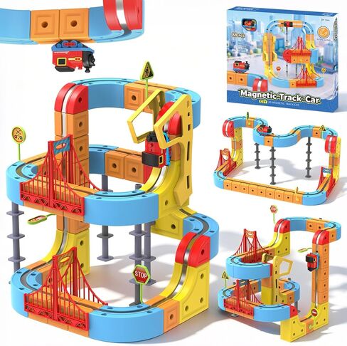 YAZ&OUZ Electric Train Set for Kids Ages 4-12, Magnetic Train Set, 3D Gravity-Defying Train Tracks, Magnetic Track Car Toys Kids Train Set, STEM Educational Building Toddler Train Set (2Train) in Kuwait