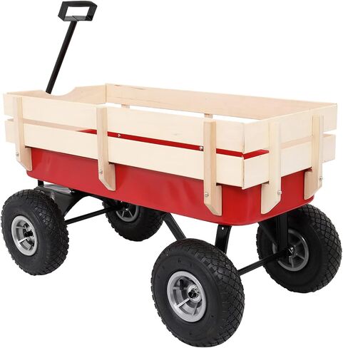 VINGLI Cargo Wagon Cart for Kids, All Terrain Wagon with Wood Railing 10-inch Pneumatic Turf Tires Children Garden Outdoor Red (Orange) in Kuwait