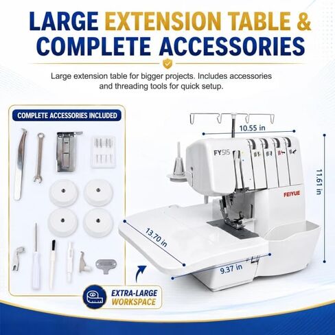 FEIYUE FY515 Serger Overlock Machine with Extension Table, 2/3/4 Thread Serger, Adjustable Differential Feed, Built-In Rolled Hem, Color-Coded Threading, Heavy-Duty Metal Frame in Kuwait