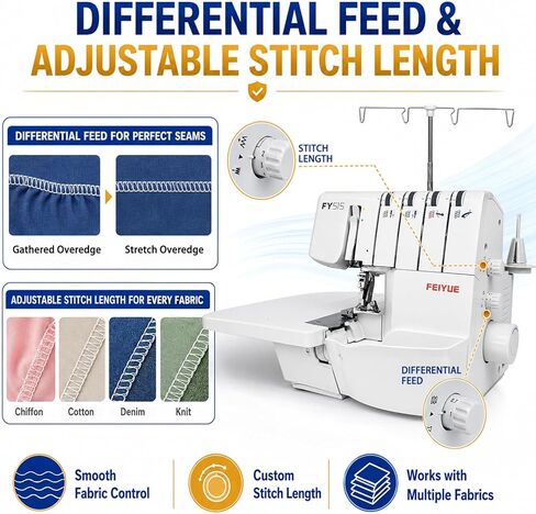 FEIYUE FY515 Serger Overlock Machine with Extension Table, 2/3/4 Thread Serger, Adjustable Differential Feed, Built-In Rolled Hem, Color-Coded Threading, Heavy-Duty Metal Frame in Kuwait