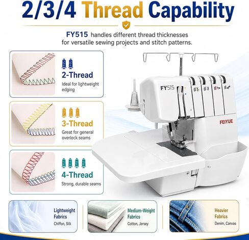 FEIYUE FY515 Serger Overlock Machine with Extension Table, 2/3/4 Thread Serger, Adjustable Differential Feed, Built-In Rolled Hem, Color-Coded Threading, Heavy-Duty Metal Frame in Kuwait