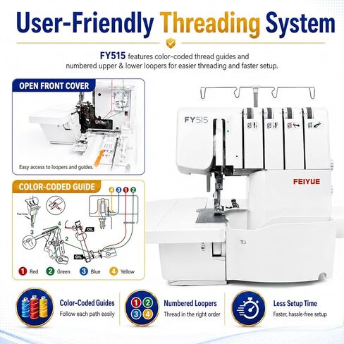 FEIYUE FY515 Serger Overlock Machine with Extension Table, 2/3/4 Thread Serger, Adjustable Differential Feed, Built-In Rolled Hem, Color-Coded Threading, Heavy-Duty Metal Frame in Kuwait