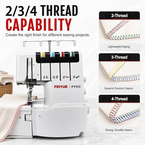 FEIYUE FY555 Serger Overlock Machine with One-Step Air Threader, 2/3/4 Thread Capability, Differential Feed, Color-Coded Threading, Rolled Hem, Heavy-Duty Metal Frame, Cut-Offs Bin in Kuwait