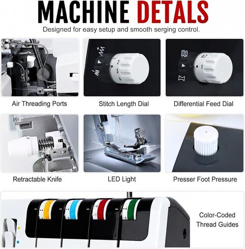 FEIYUE FY555 Serger Overlock Machine with One-Step Air Threader, 2/3/4 Thread Capability, Differential Feed, Color-Coded Threading, Rolled Hem, Heavy-Duty Metal Frame, Cut-Offs Bin in Kuwait