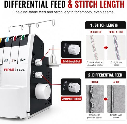 FEIYUE FY555 Serger Overlock Machine with One-Step Air Threader, 2/3/4 Thread Capability, Differential Feed, Color-Coded Threading, Rolled Hem, Heavy-Duty Metal Frame, Cut-Offs Bin in Kuwait
