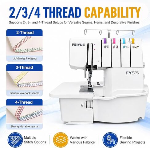 FEIYUE FY525 Serger Overlock Machine, 2/3/4 Thread Serger with Adjustable Differential Feed, 1200 Stitches per Minute, Built-In Rolled Hem, Color Coded Threading, Heavy-Duty Metal Frame, 6 LED Lights in Kuwait